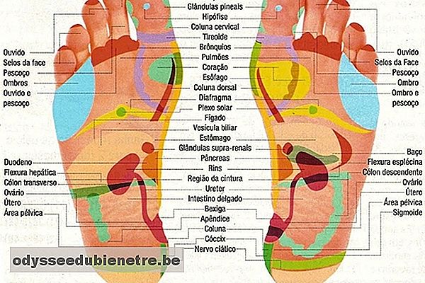 Mapa de reflexologia podal com ligações dos vários pontos dos pés com outras partes do corpo